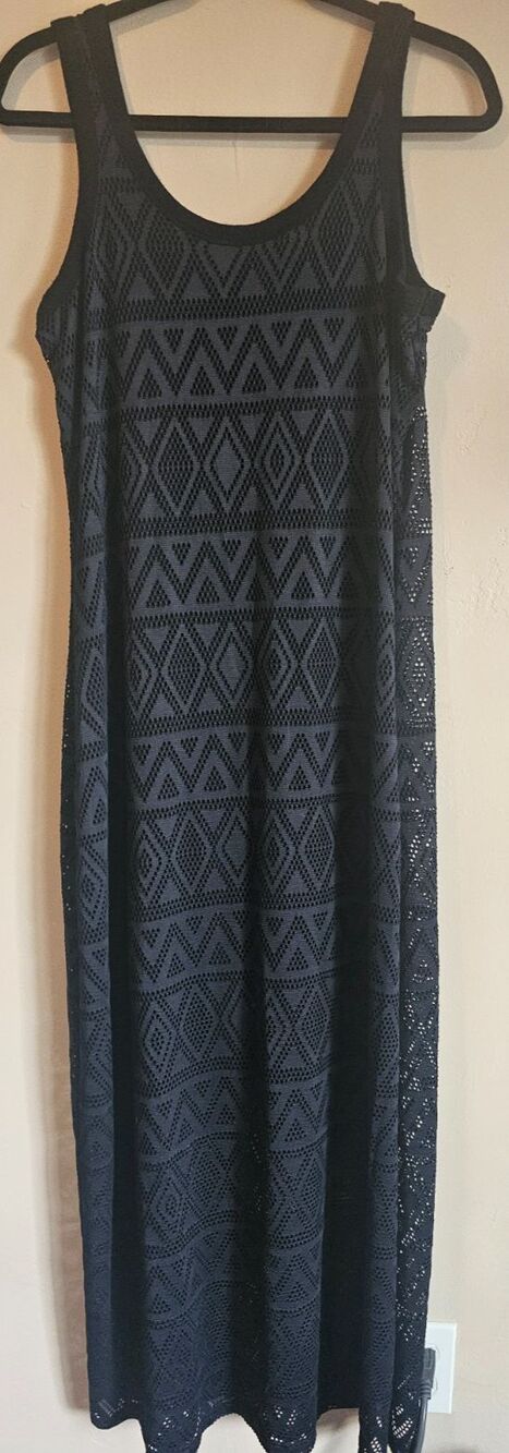 Daisy Fuentes Black Sleeveless Maxi Dress, Mesh Overlay, Large, Beach Casual